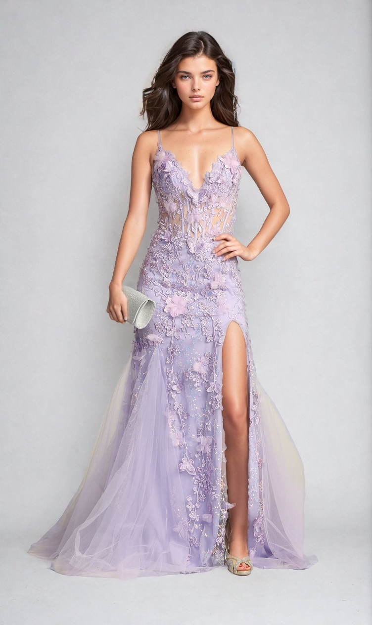 A woman in the Chicas C328 floral-embroidered long prom dress, featuring lavender sheer fabric and a thigh-high slit, holds a silver clutch against a plain light background.